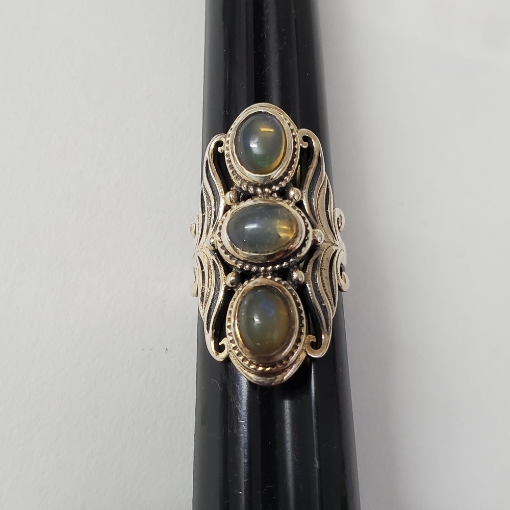 Sterling Silver 925 Triple Opal Ring with Ornate Filigree Design
